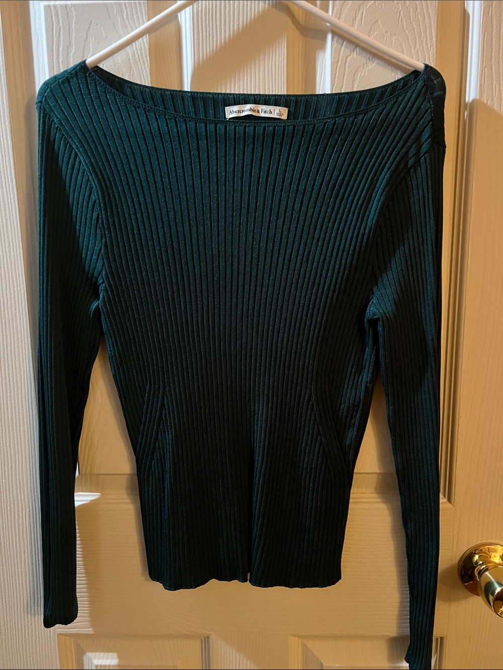 Abercrombie & Fitch Dark Green Ribbed Boatneck Long Sleeve Top